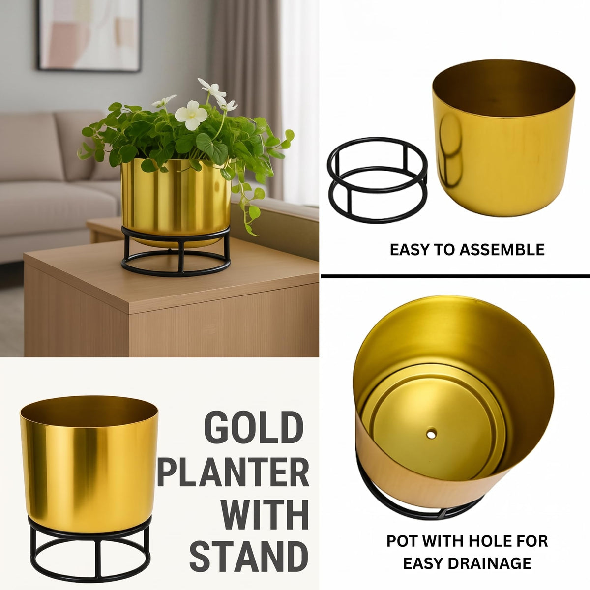 Premium Gold Metal Pot with Black Stand